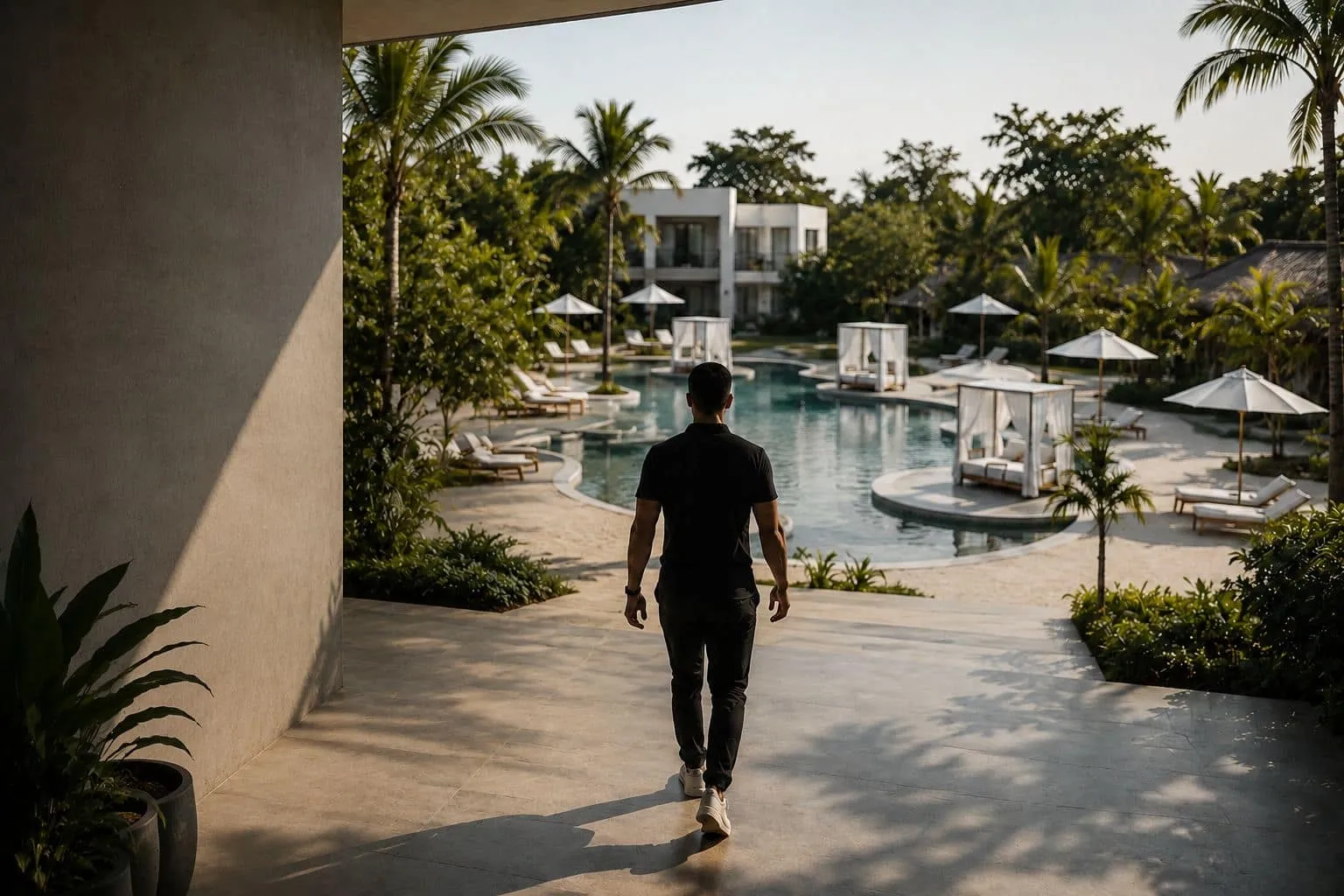 Pronoia regenerative destination — guest walking toward the lagoon pool