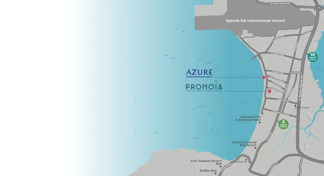 Map of Jimbaran showing the Pronoia estate, beach and airport