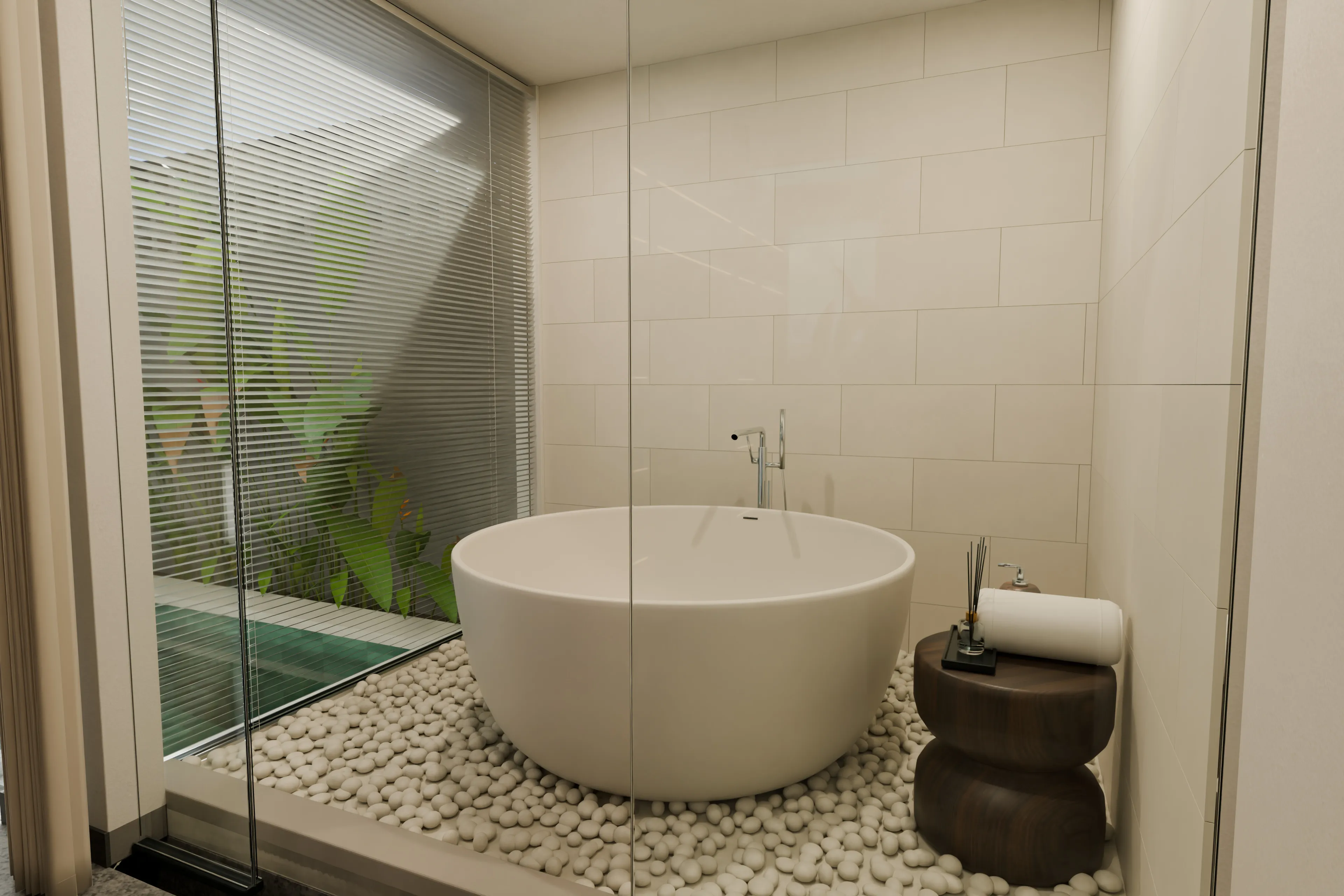 Architectural visualisation of a freestanding bathtub beside the one-bedroom villa pool courtyard