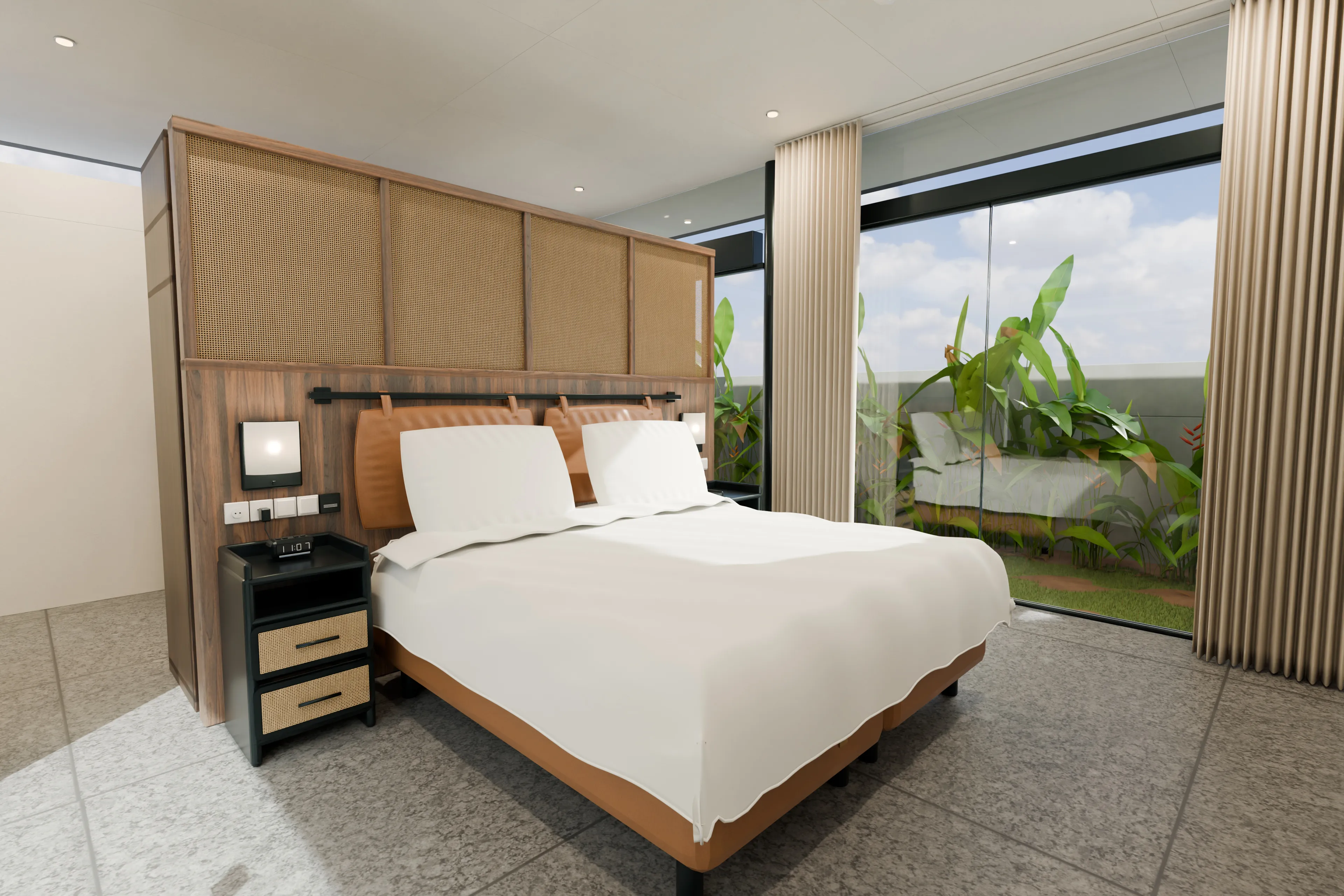 Architectural visualisation of the one-bedroom villa suite opening through full-height glazing to the garden