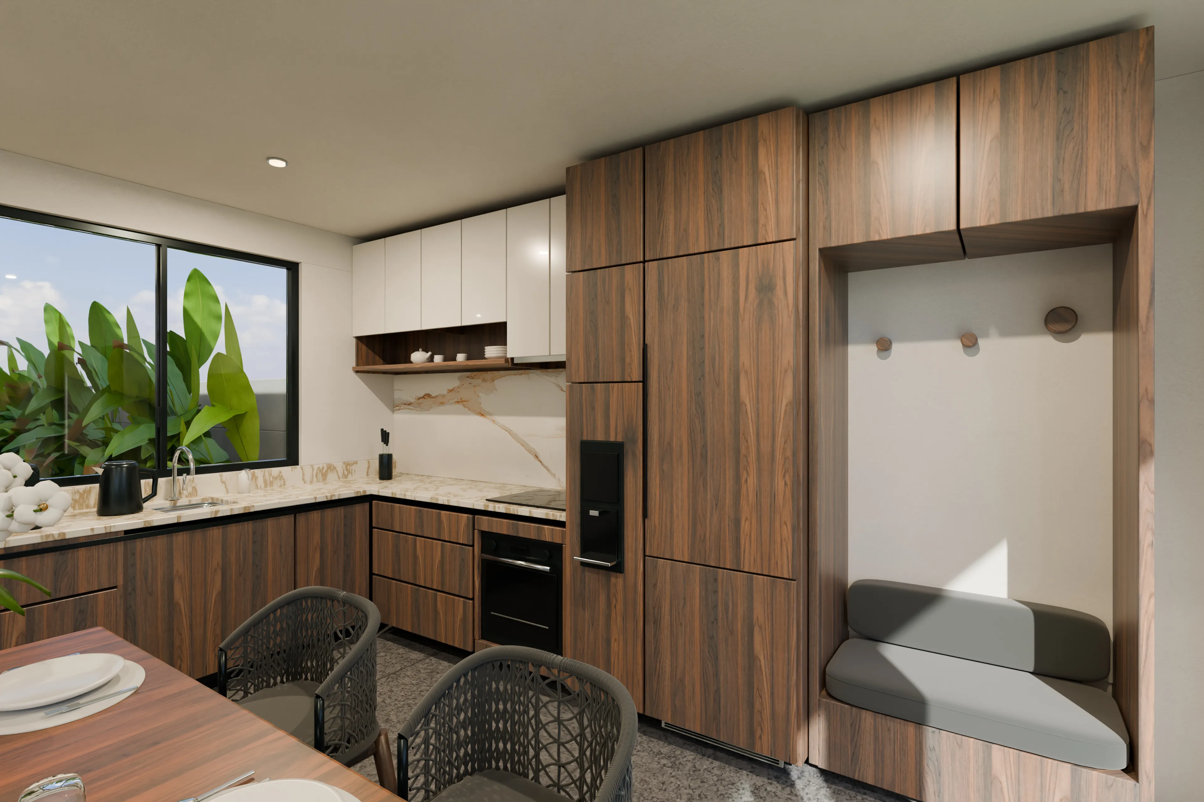 Architectural visualisation of the current one-bedroom villa kitchen with timber cabinetry and stone island