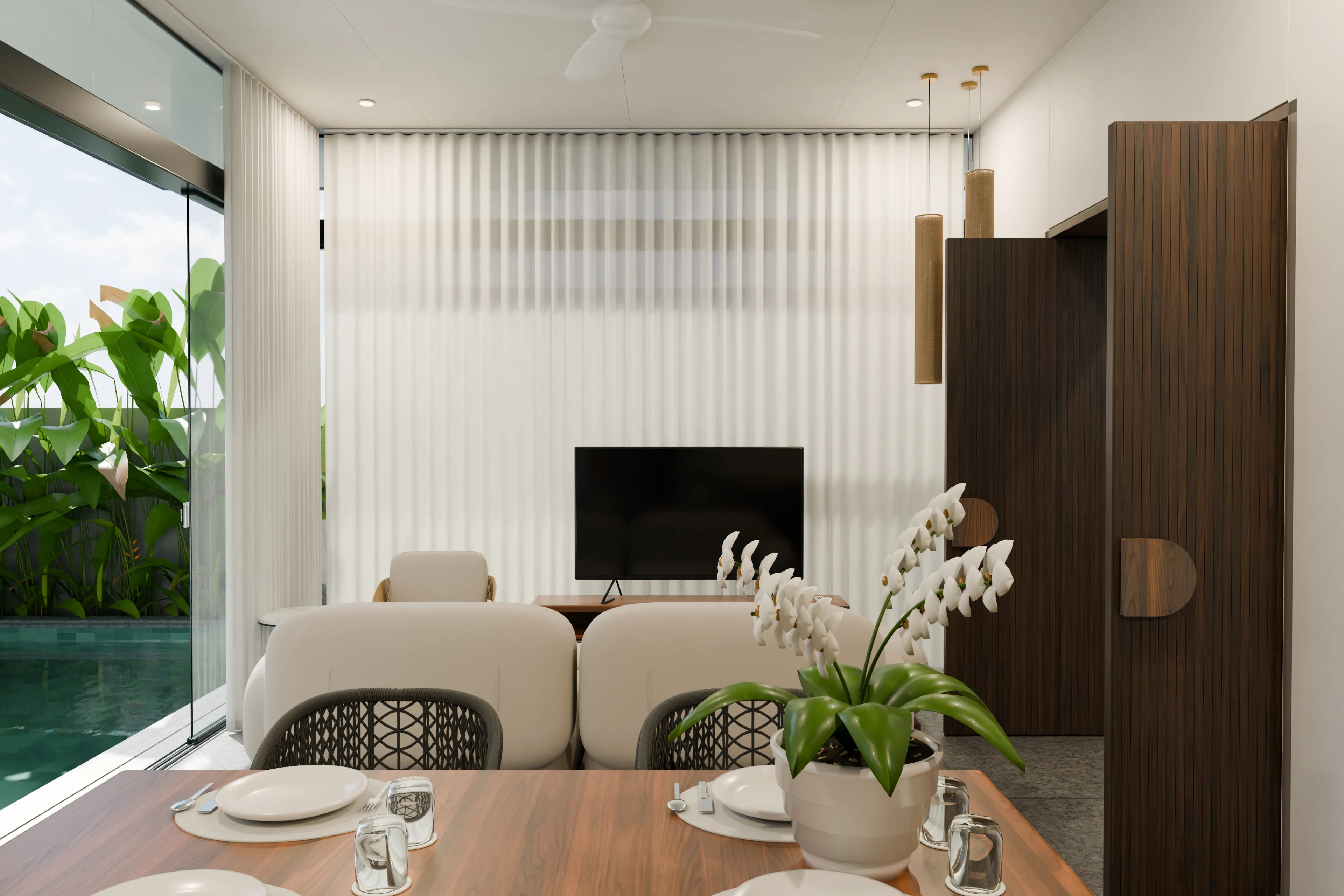 Architectural visualisation from the dining area toward the open living room and private pool