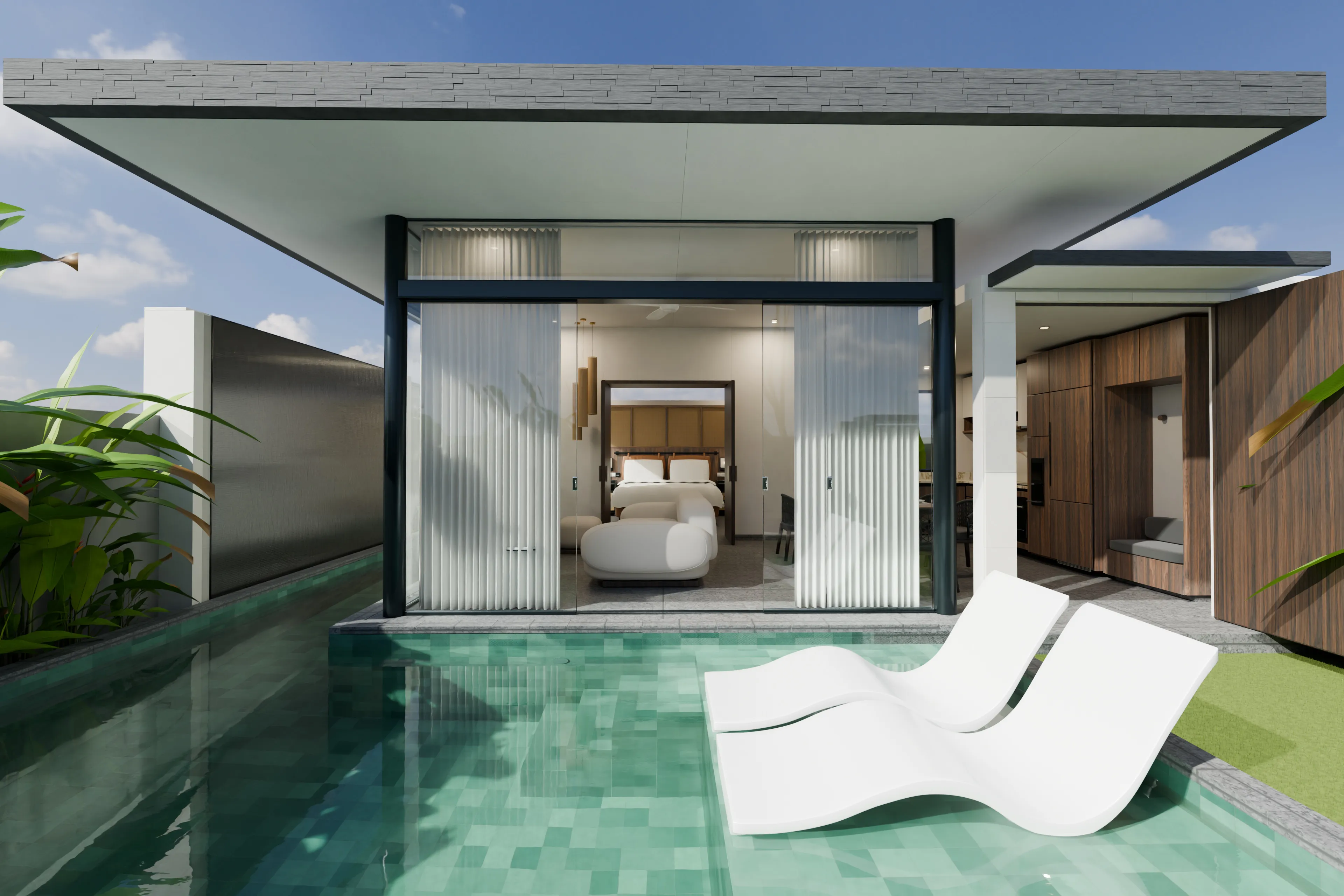 Architectural visualisation of the current Pronoia one-bedroom villa façade across a private stone pool in Jimbaran, Bali