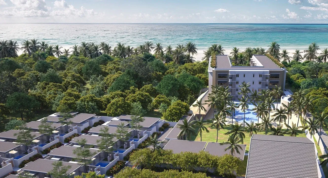 Architectural rendering of the full Pronoia estate: villa rows, the lagoon pool and the future beachfront hotel