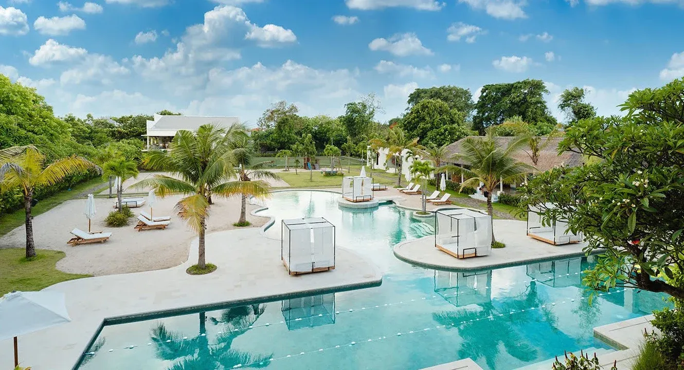Architectural rendering of the Pronoia lagoon pool with daybed cabanas