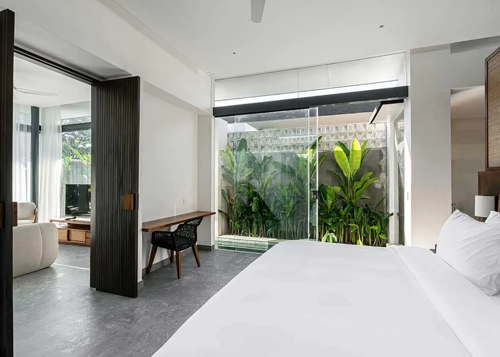 Pronoia one-bedroom villa — bedroom (completed Phase 1 photography)