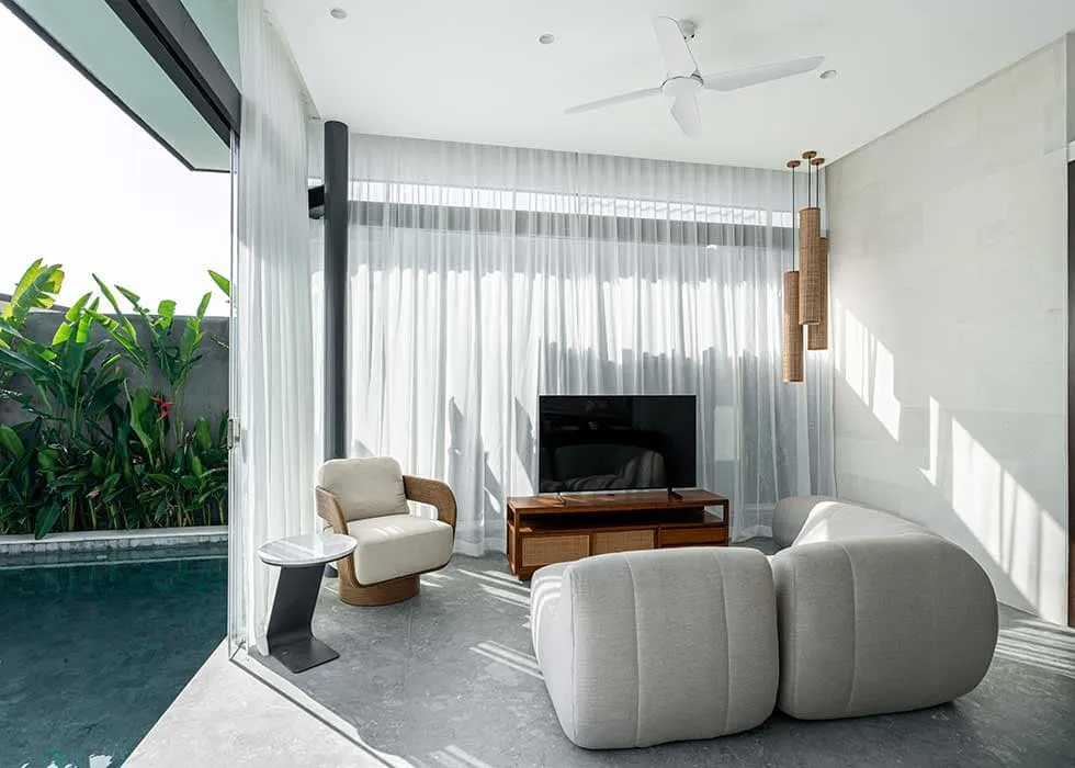 Pronoia one-bedroom villa — living area (completed Phase 1 photography)