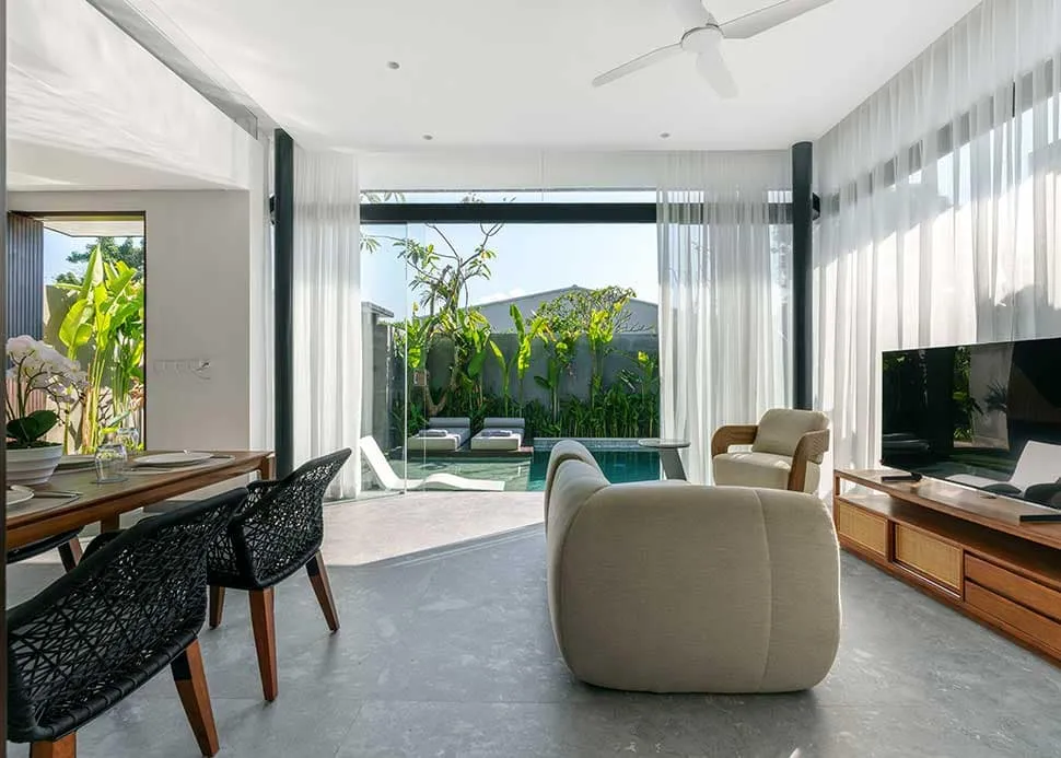 Pronoia one-bedroom villa — living area (completed Phase 1 photography)