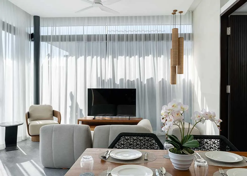Pronoia one-bedroom villa — living area (completed Phase 1 photography)