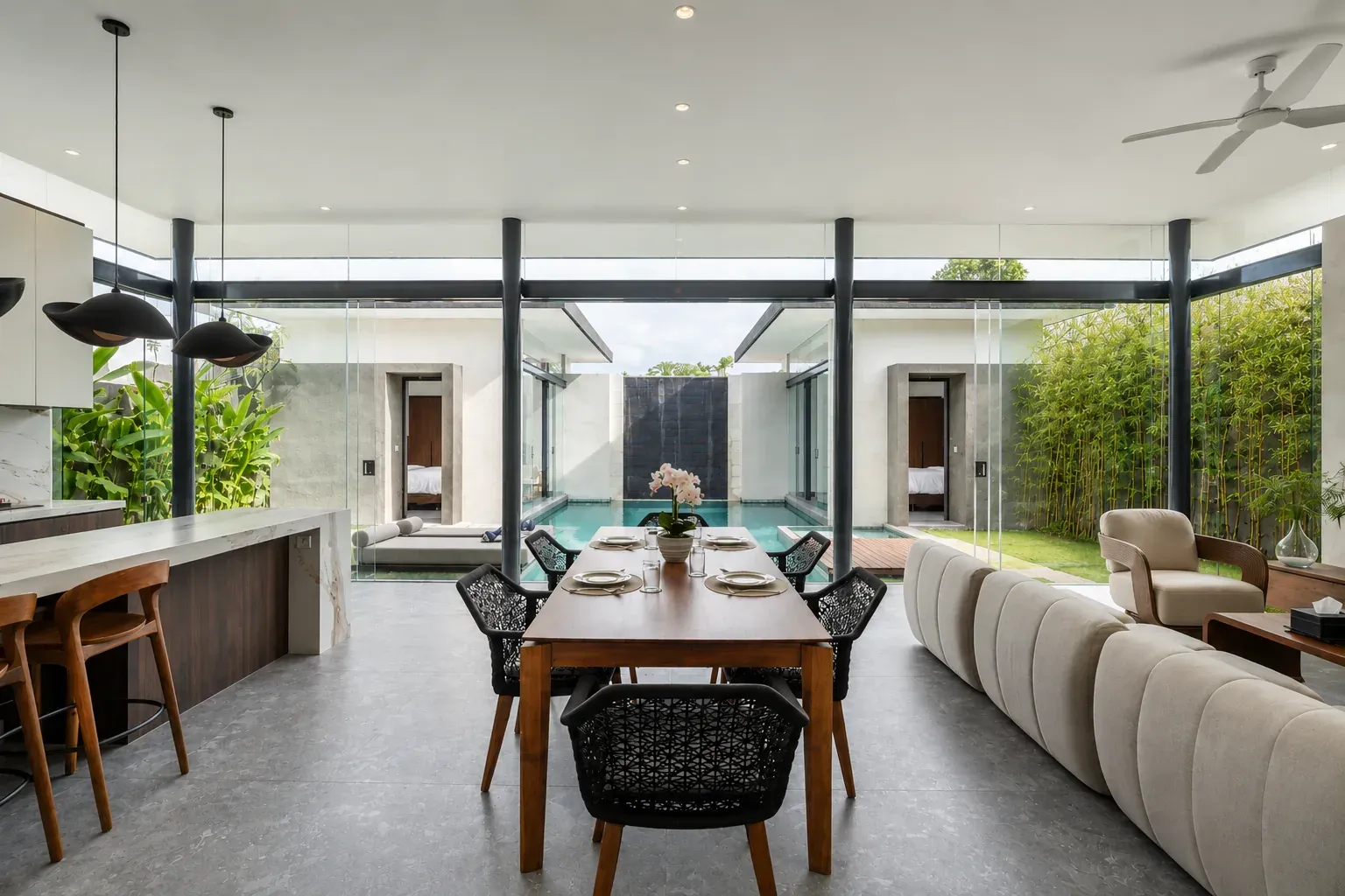 Pronoia two-bedroom villa — living area (completed Phase 1 photography)