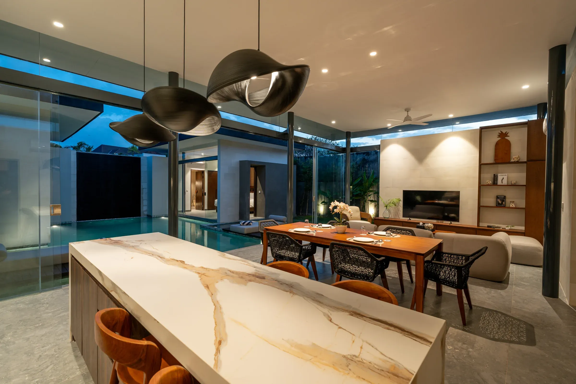 Pronoia two-bedroom villa — living area (completed Phase 1 photography)
